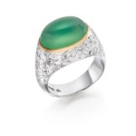 Silver & 18ct Engraved Ivy Cardinal Ring With Green Agate Cabochon