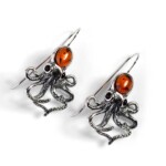 Silver Detailed Cognac Amber Octopus Drop Earrings