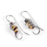 Silver Extra Small Banded Amber Seahorse Wire Earrings