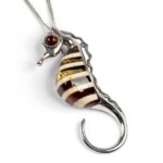 Silver Large Banded Amber Seahorse Pendant