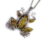 Silver Little Speckled Green Amber Frog Pendant
