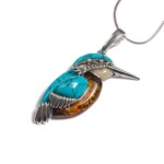 Silver Large Kingfisher Pendant with Turquoise and Amber
