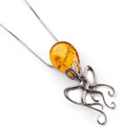 Silver Extra Large Amber Balloon Octopus Pendant